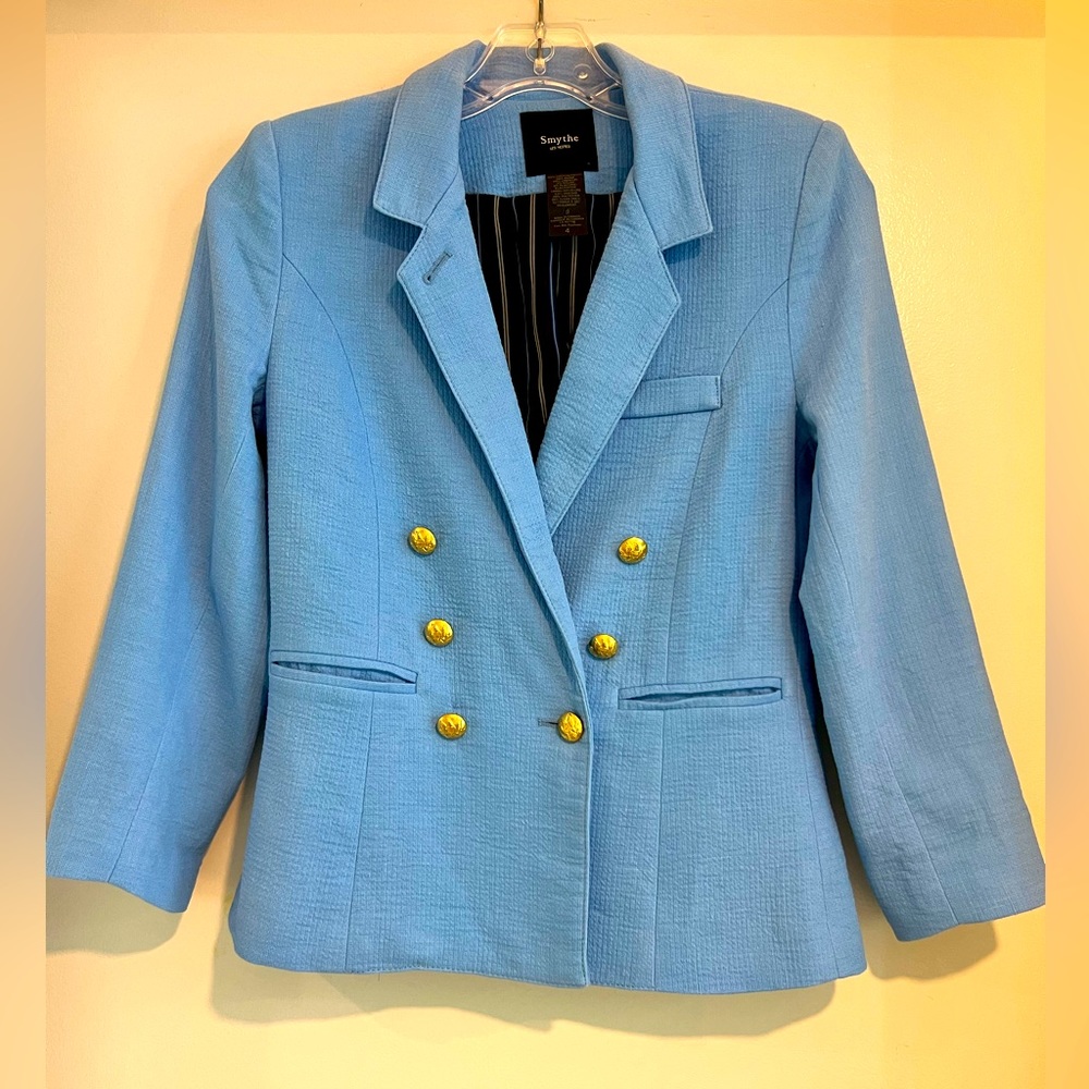 SMYTHE Jacket Cornflower BLUE double breasted, 3/4 sleeve, Blazer SIZE 4